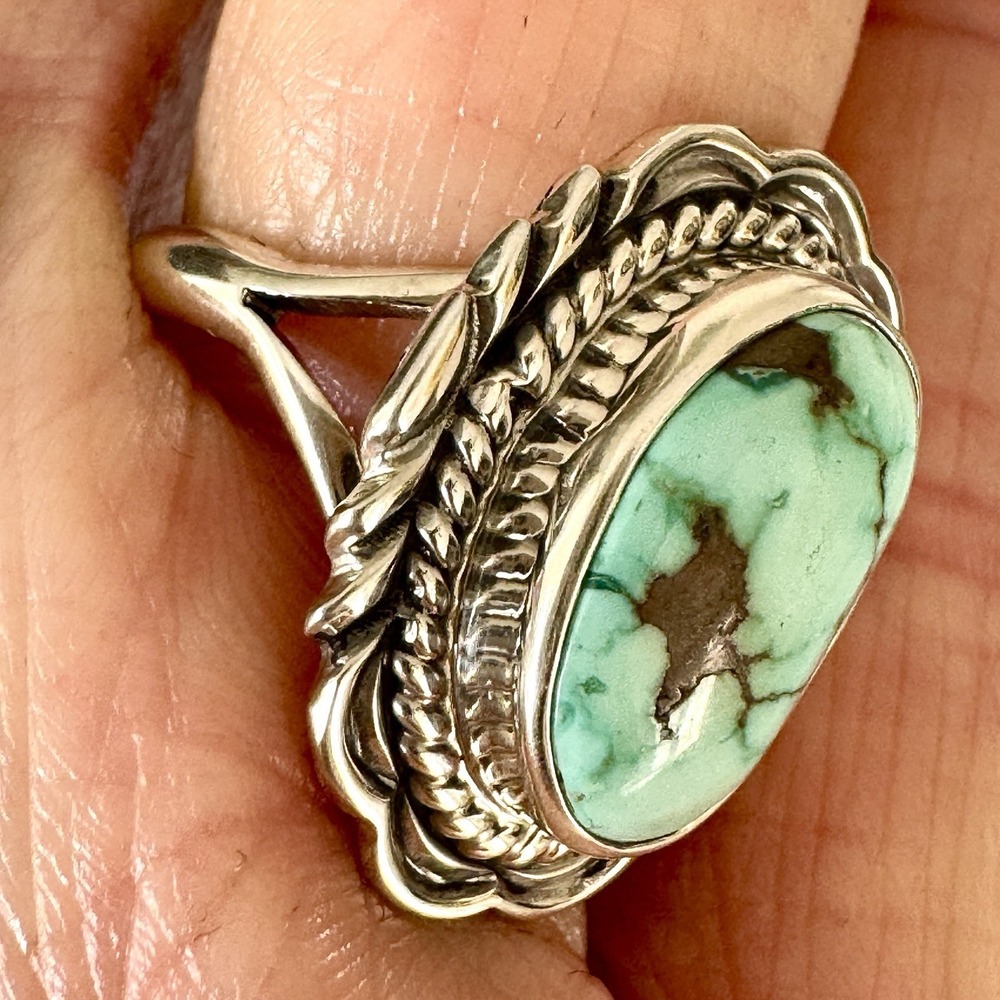 Navajo Turquoise Ring Sz 7 Signed V‎ Chee Rope Sterling Green Native American - Picture 5 of 6